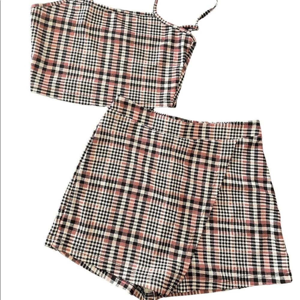 Copied - Shein Two-Piece Set Small Casual Summer  Plaid Cropped Tank Skort Black